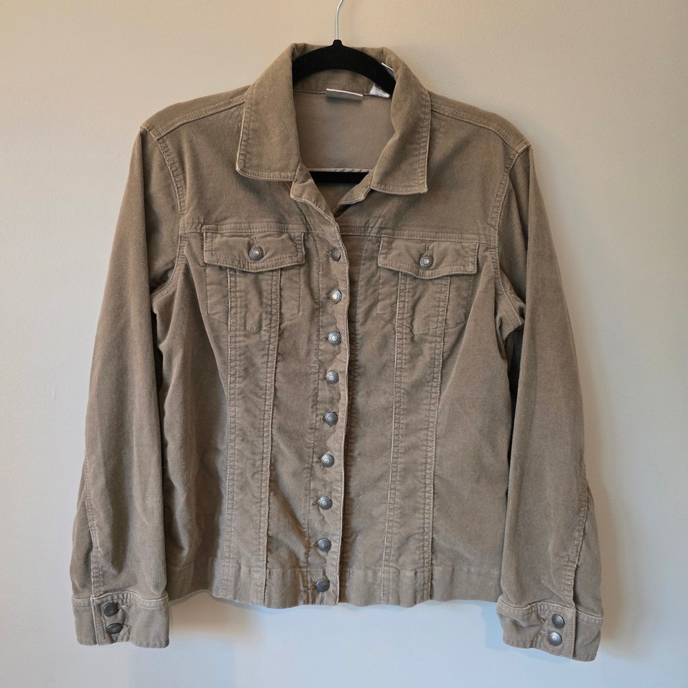 Chico's Corduroy Trucker Jacket Womens M Tan Khaki Stretch Button Front